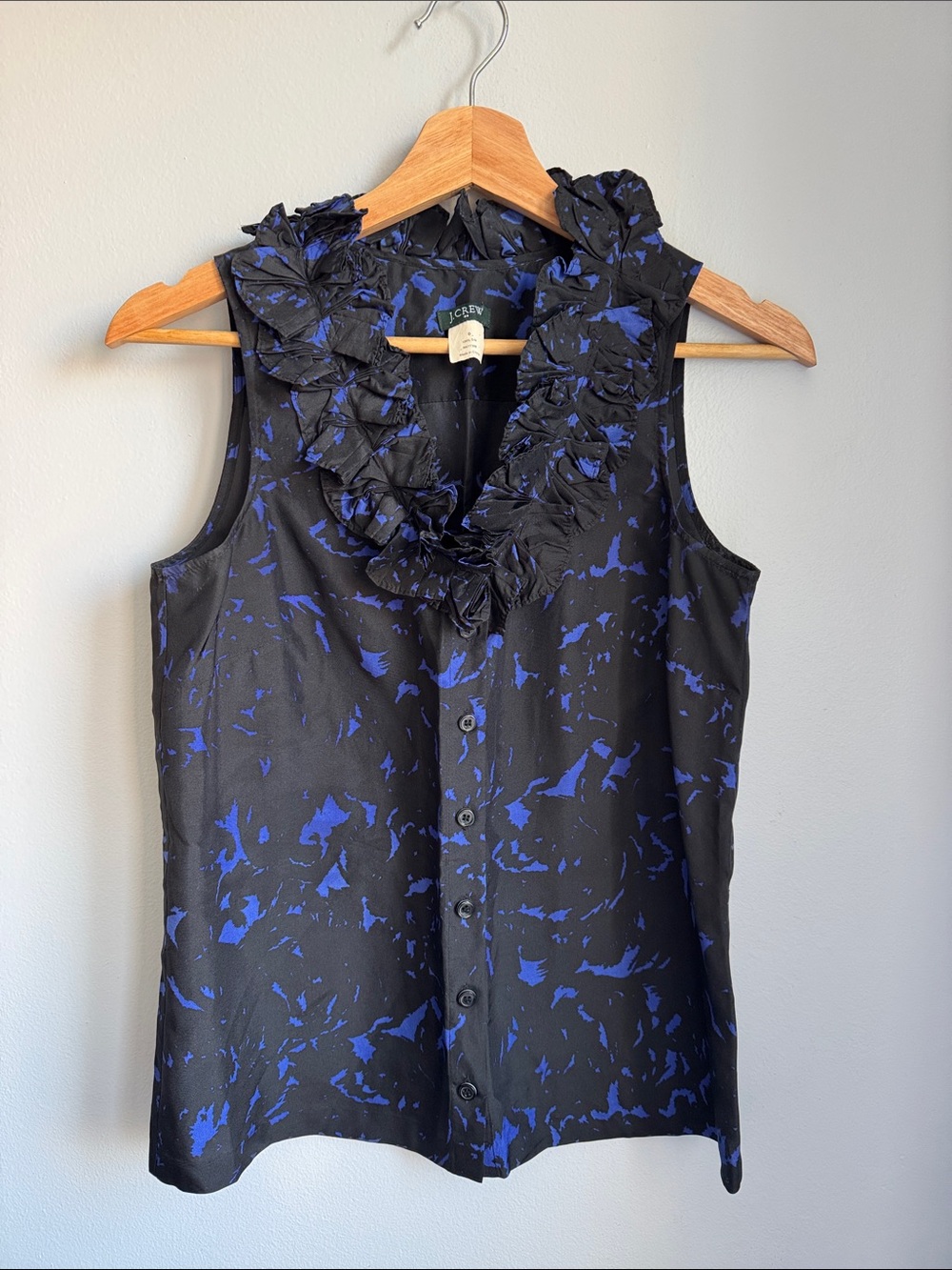 J. Crew Silk Black Sleeveless Ruffle Neck Blouse with Blue Abstract Print